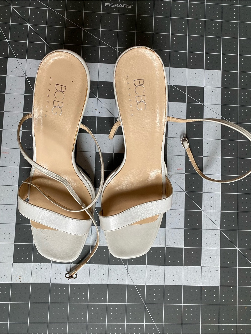 BCBG Minimalist White Strappy Block Heel Sandals